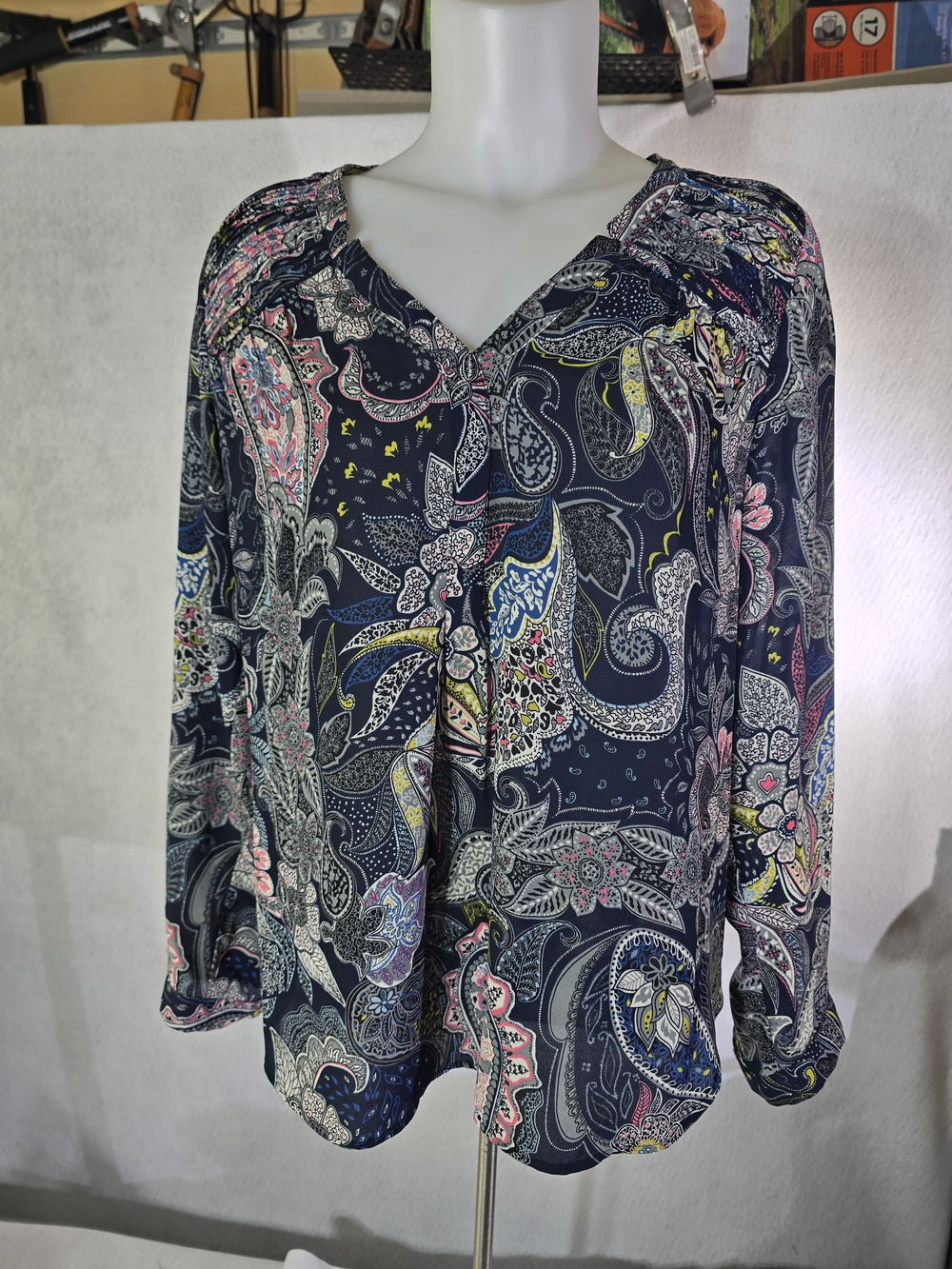 Black Rainn Navy Paisley V-Neck Blouse with Pink & Yellow Accents Size S